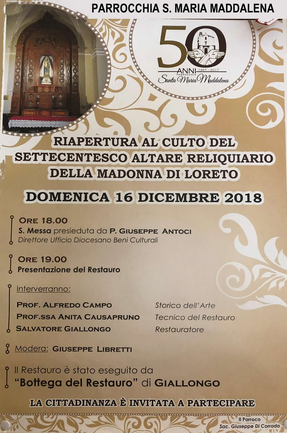 16 Dicembre – Riapertura al culto dell’altare reliquiario della Madonna di Loreto